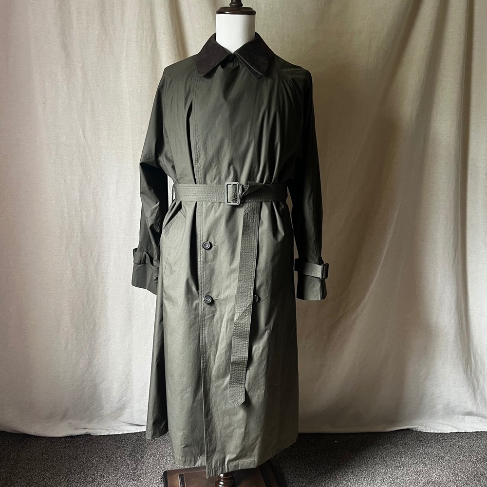 Vintage London Fog Towne Men's Olive Green Trench Coat 40 Long Leather Collar